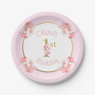 Pink 1e verjaardag Girl Floral Party Papieren Bordje