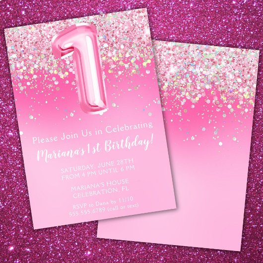 Pink 1er Anniversaire Invitation Fille Parties sci