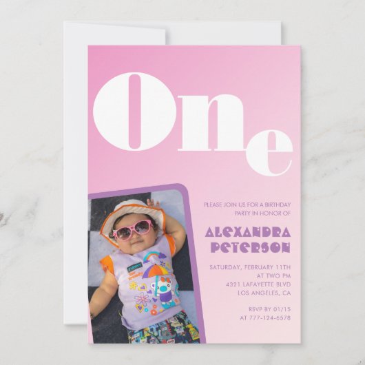 Pink 1er anniversaire invitations pour sa Retro Ph (Devant)