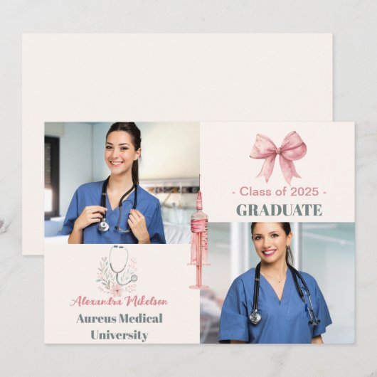 Pink 2 Foto Waterverf Nursing School Afstuderen Aankondiging (Voorkant / Achterkant)