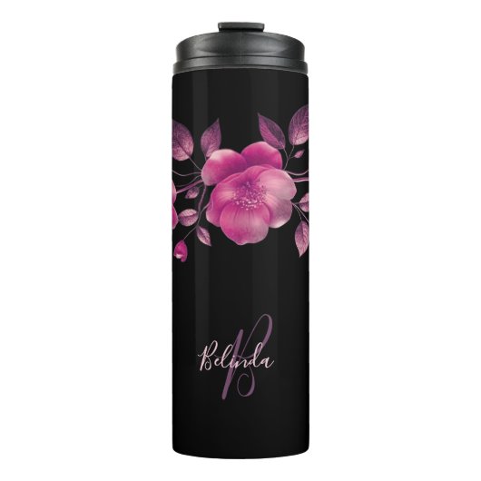 Pink 3D Cherry Blossoms Black Name Monogram Thermosbeker (Voorkant)