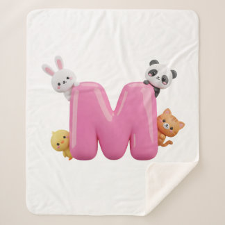 Pink 3D Letter M Medium Sherpa Blanket with Animal Deken