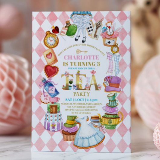 Pink Alice in Wonderland 3rd birthday Invitation