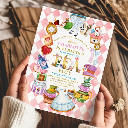 Pink Alice in Wonderland 5th birthday Invitation