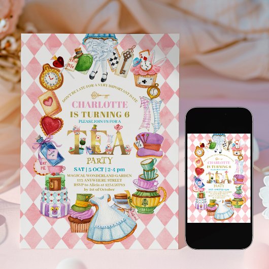 Pink Alice in Wonderland 6th birthday Invitation