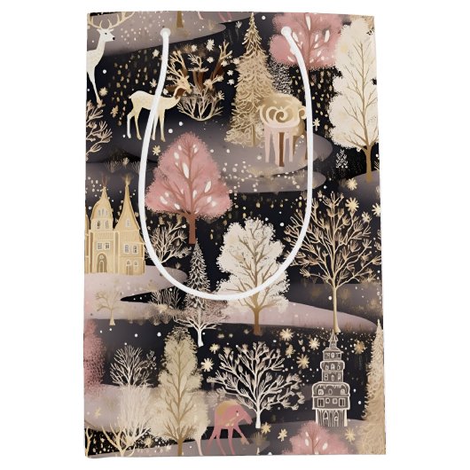 Pink and Black Elegant Snowy Deer Forest Medium Cadeauzakje (Voorkant)