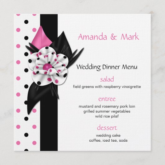 Pink and Black Polka Dots Wedding Menu (Voorkant)
