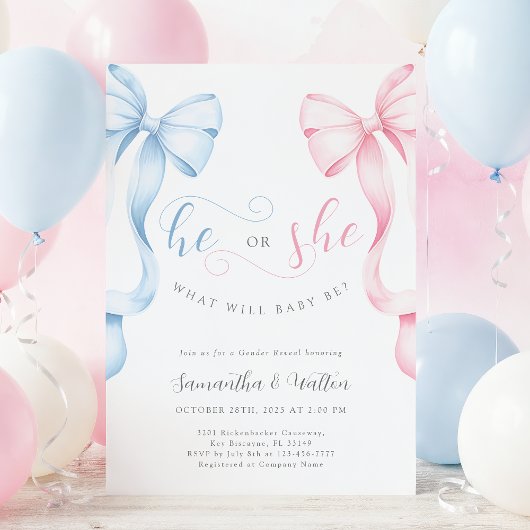 Pink and Blue Bows Gender Reveal Invitation