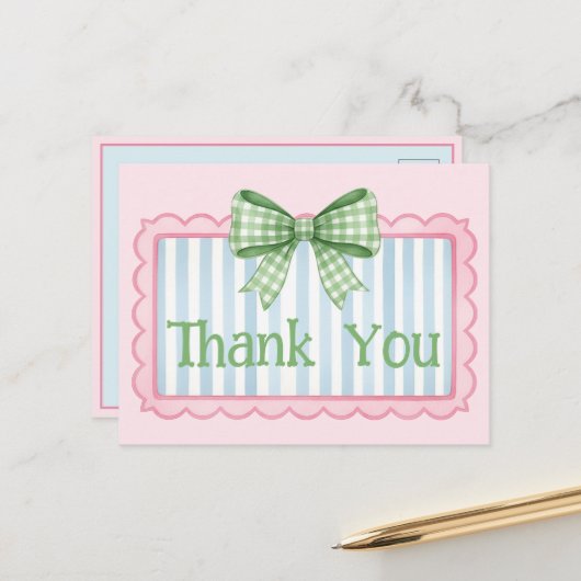 Pink and Blue Frame Green Gingham Bow Thank You Briefkaart (Voorkant / Achterkant in situ)