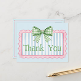 Pink and Blue Frame Green Gingham Bow Thank You Briefkaart
