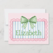 Pink and Blue Frame With Green Gingham Bow Notitiekaartje (Voorkant)