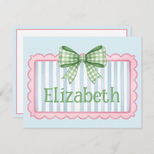 Pink and Blue Frame With Green Gingham Bow Notitiekaartje (Voorkant / Achterkant)