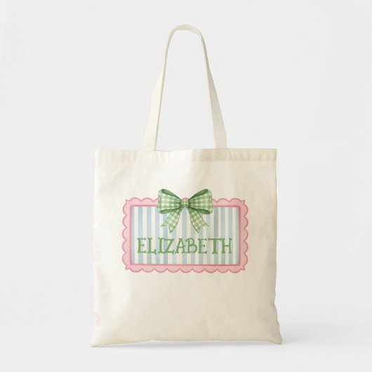 Pink and Blue Frame With Green Gingham Bow Tote Bag (Voorkant)