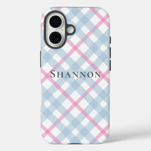 Pink and Blue Plaid Personalized Name Case-Mate iPhone Case (Achterkant)