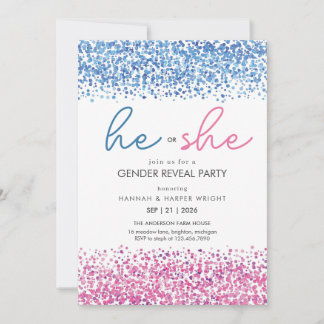 Pink and Blue white Gliter He or She Gender Reveal Kaart