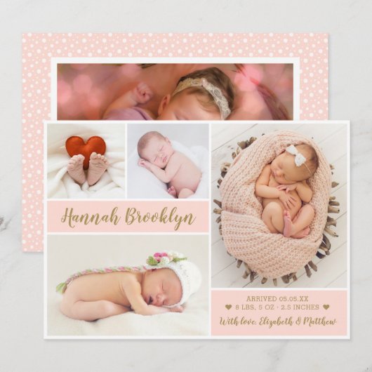 Pink and Gold 4 Photo Collage Faire-part de naissa (Devant / Derrière)