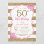 Pink and Gold 50th Birthday Invitation Floral<br><div class="desc">Invitation de 50e anniversaire rose et or. Parties scintillant rose et or. Les rayures roses et blanches. Fleur Florale Rose. Anniversaire adulte. Fête d'anniversaire des femmes. Pour plus de personnalisation,  cliquez sur le bouton "Customiser" et utilisez notre outil de conception pour modifier ce modèle.</div>