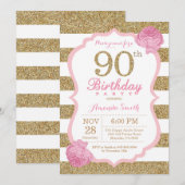 Pink and Gold 90th Birthday Invitation Floral (Devant / Derrière)