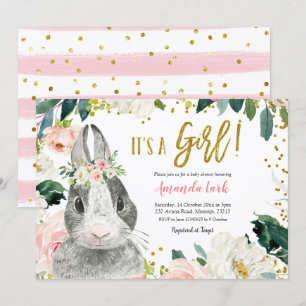 Pink and Gold Bunny Floral Baby shower Invitation Kaart