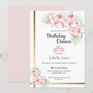Pink and Gold Floral Birthday Dinner Party Kaart