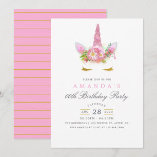 Pink and Gold Floral Unicorn Girl Birthday Kaart