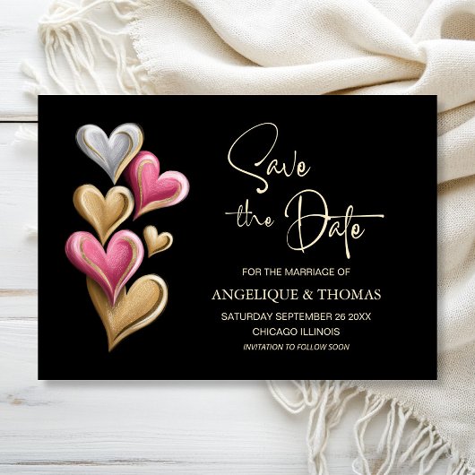 Pink and Gold Hearts Wedding Save the Date