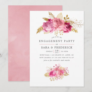 Pink and Gold Rozen Waterverf Engagement Party Kaart