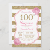 Pink and Gold Surprise 100th Birthday Invitation