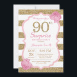Pink and Gold Surprise 90th Birthday Invitation<br><div class="desc">Pink and Gold Surprise 90th Birthday Invitation. Parties scintillant rose et or. Les rayures roses et blanches. Fleur Florale Rose. Anniversaire adulte. Fête d'anniversaire des femmes. Pour plus de personnalisation,  cliquez sur le bouton "Customiser" et utilisez notre outil de conception pour modifier ce modèle.</div>