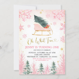 Pink and Gold Winter Sleigh First Birthday Invite Kaart