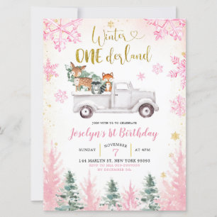 Pink and Gold Winter Woodland Truck First Birthday Kaart