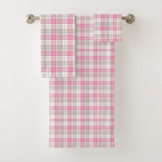 Pink and Gray Plaid Towel Set Bad Handdoek (Insitu)