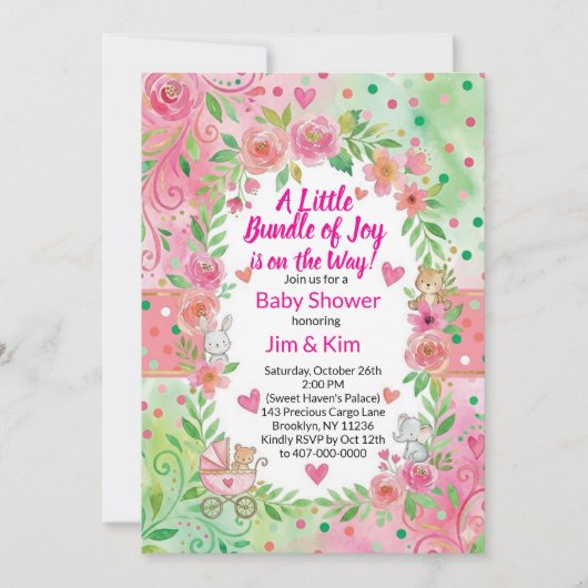 Pink and Green Baby Shower Invitation (Devant)