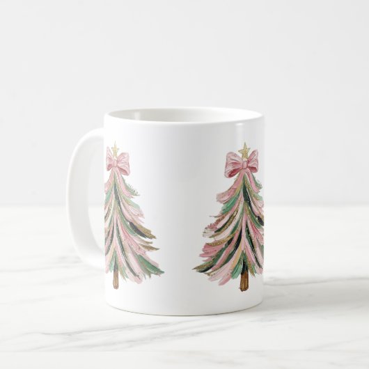 Pink and Green Brushstroke Christmas Tree Mug (Devant gauche)
