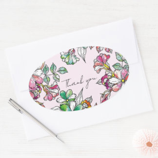 Pink and green flowers ovale sticker
