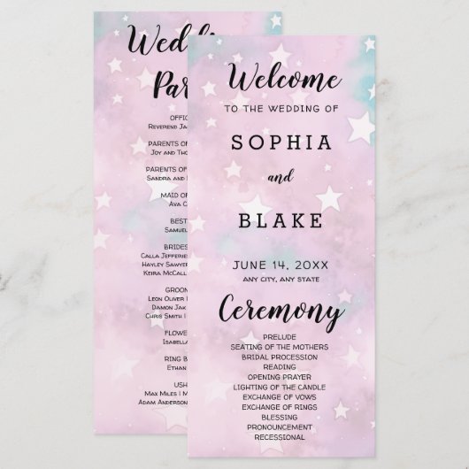 Pink and Green Stars Programme de mariage céleste (Devant / Derrière)