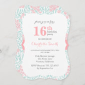 Pink and Mint Floral Pattern Birthday Party Kaart (Voorkant / Achterkant)