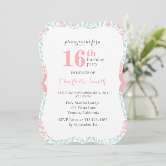 Pink and Mint Floral Pattern Birthday Party Kaart (Staand voorkant)
