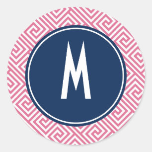 Pink and Navy Blue Greek Key Pattern Monogram Ronde Sticker