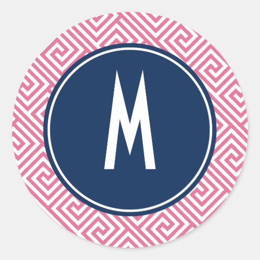 Pink and Navy Blue Greek Key Pattern Monogram Ronde Sticker (Voorkant)