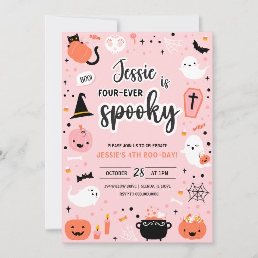 Pink and Orange Halloween 4th Birthday Invitation  (Devant)