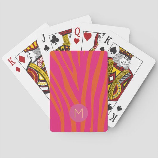 Pink and Orange Zebra Stripes Modern Monogram Pokerkaarten (Achterkant)