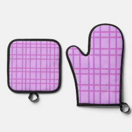 Pink and purple flower checkered pattern ovenwant & pannenlap set