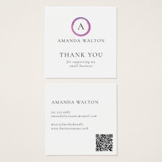 Pink and Purple Monogram QR Code Package Insert Vierkante Visitekaartjes (Voorkant /achterkant)