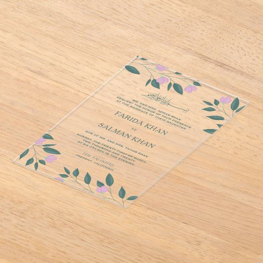 Pink and Teal Green Branch Islamic Muslim Wedding Acryl Uitnodigingen (Laagn)
