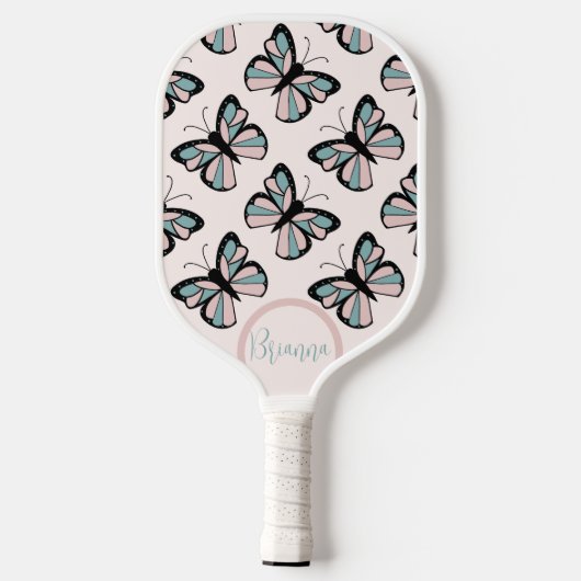 Pink and Turquoise Butterfly Pattern Pickleball Paddle (Achterkant)