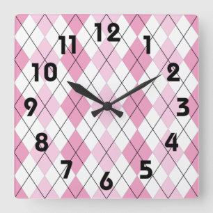 Pink and White Argyle Wall Clock Vierkante Klok