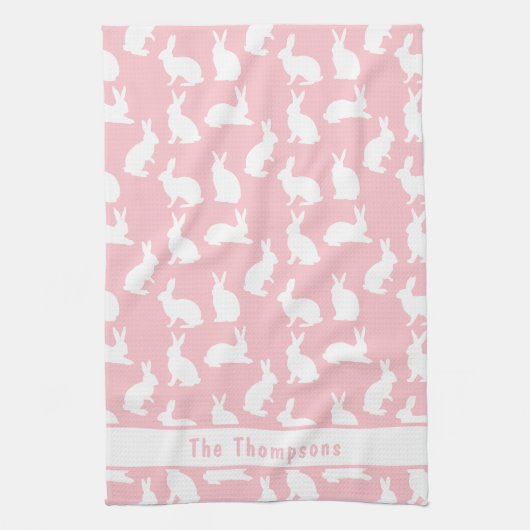 Pink And White Bunny Pattern And Name Easter Theedoek (Verticaal)