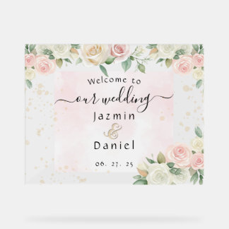 Pink And White Dusky Blooms Wedding Sign Acryl Bord