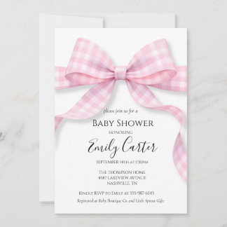 Pink and White Gingham Bow Baby Shower Invitation Kaart